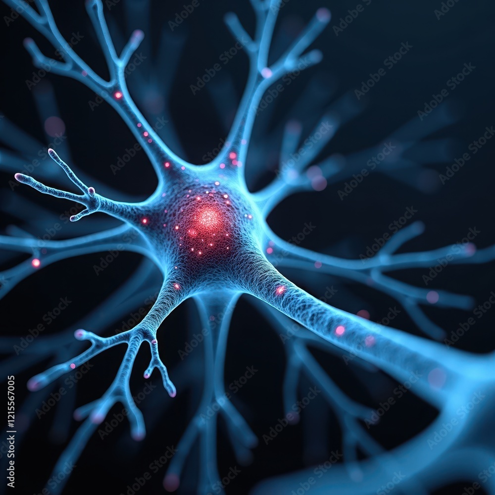 Poster microscopic view of a neuron, showcasing its complex network of dendrites and axon. a vibrant visual