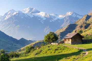 Obraz premium Evening light embraces remote village inhabitant outside wooden cabin mountainous landscape gigapixel photography eye-level view
