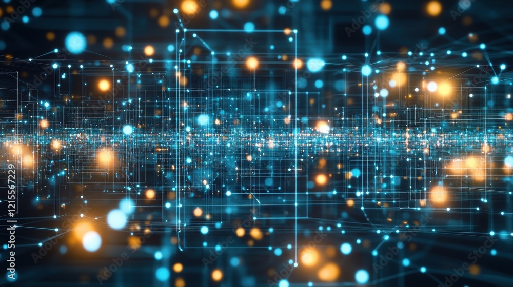 Poster complex network of interconnected nodes visualizing data flow and processing, representing cutting e
