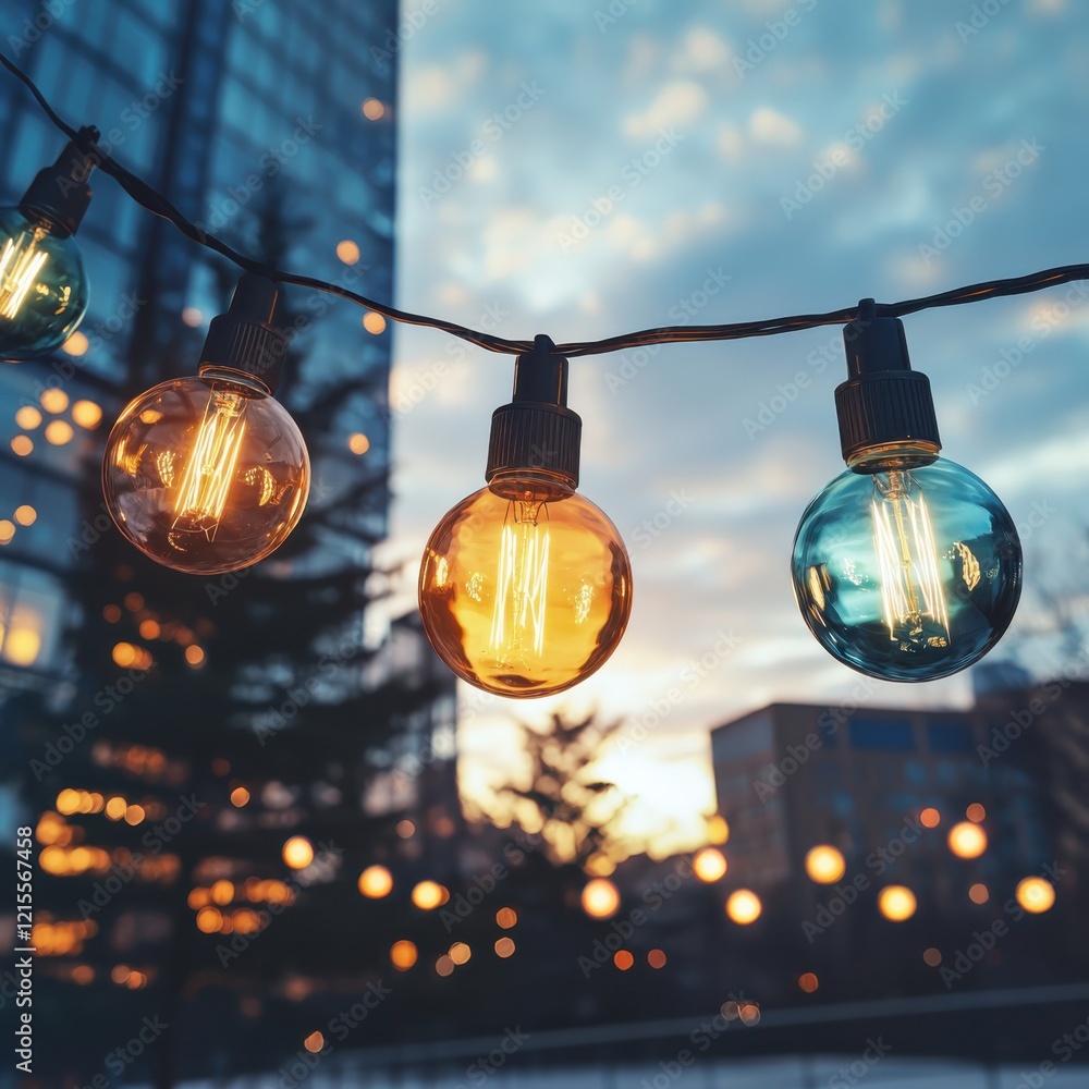 Poster colorchanging string lights transitioning hues urban setting gigapixel image evening atmosphere eye-