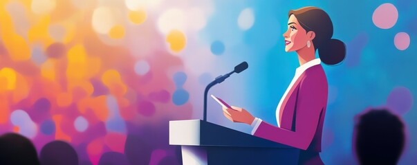 Confident hispanic female adult speaker at event with colorful background and audience