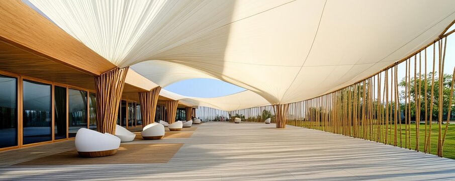 A modern pavilion made of tensile fabrics and bamboo, showcasing lightweight design