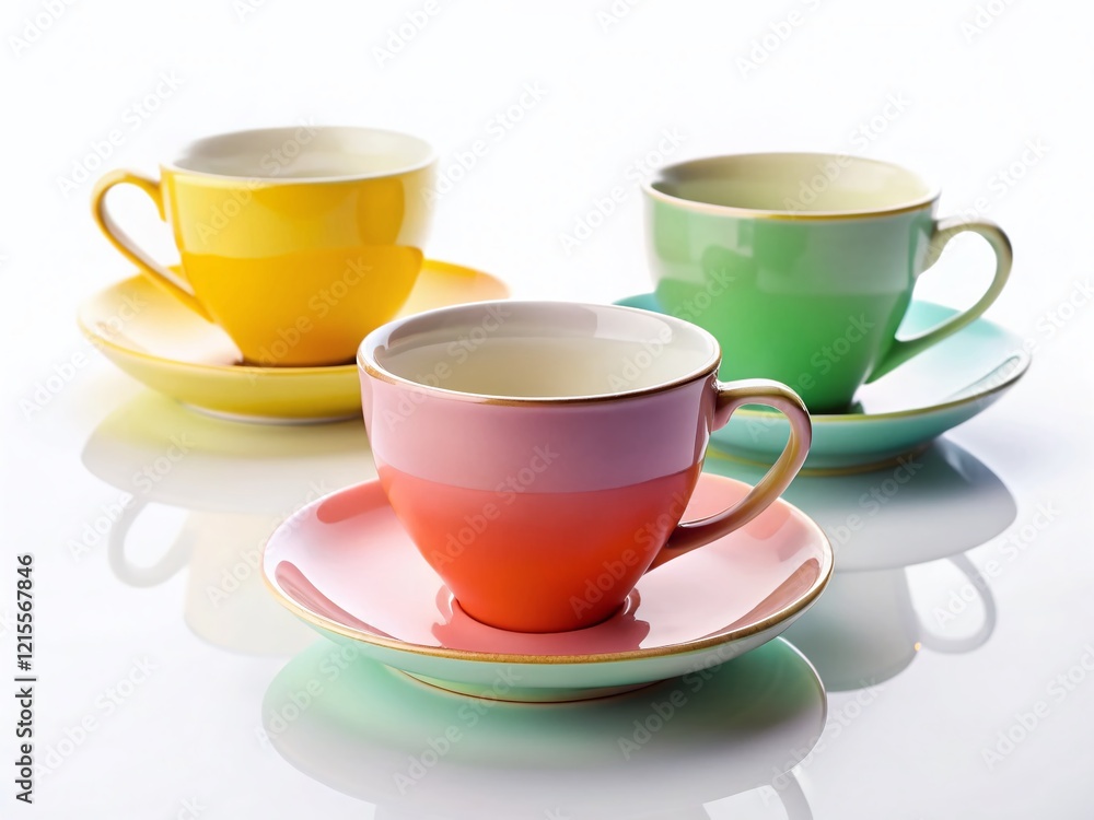 Poster three empty teacups on white background - copy space for text