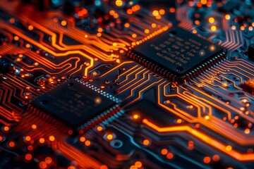A close-up shot of a circuit board with glowing orange traces, showing intricate details of electronic components.