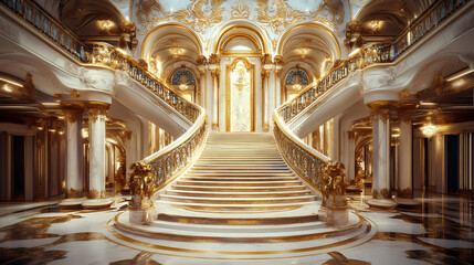 Obraz premium Opulent baroque-style luxury hotel lobby, gilded details, grand staircase, marble floors,. Gilded Arch. Illustration