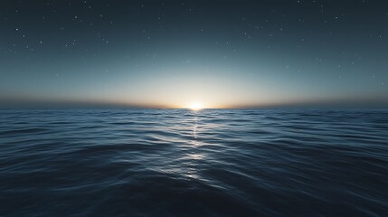 Obraz premium A peaceful seaside view at sunset, with stars beginning to shine in the sky as the last traces of daylight fade. The smooth water reflects the starry sky, creating a magical and serene atmosphere.