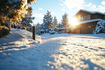 Obraz premium Cheerful holiday yard signs in a snowy landscape captured at eye level illuminated by soft sunlight