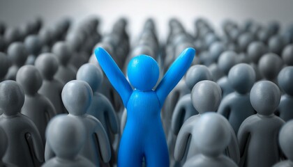 수많은 회색 인형들이 모인 장면에서 한 인물이 밝은 파란색으로 강조되어 팔을 들어 위로 뻗은 모습