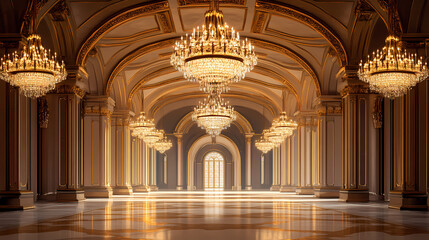 Ornate, golden, grand hall with chandeliers. Gilded Arch. Illustration