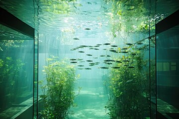 Underwater aquarium scene with a school of fish swimming among lush green aquatic plants.