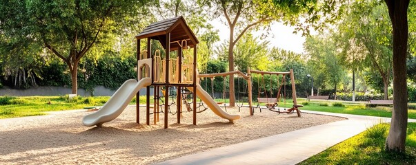 A public park with playground equipment made of upcycled materials