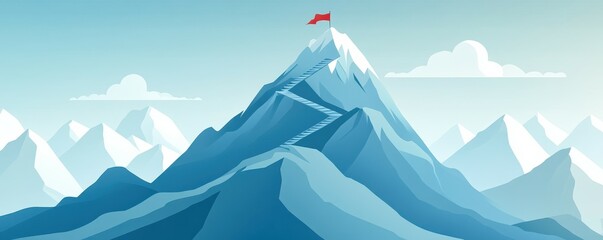 Fototapeta premium Red flag atop snowy mountain climb with endless staircase under blue sky