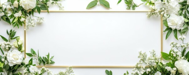 Elegant floral frame with lush white blooms and greenery on blank canvas