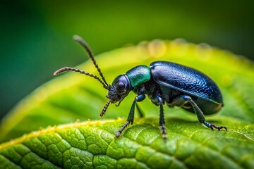 Tiny Black Insect on Vibrant Green Leaf - Macro Photography Stock Photo