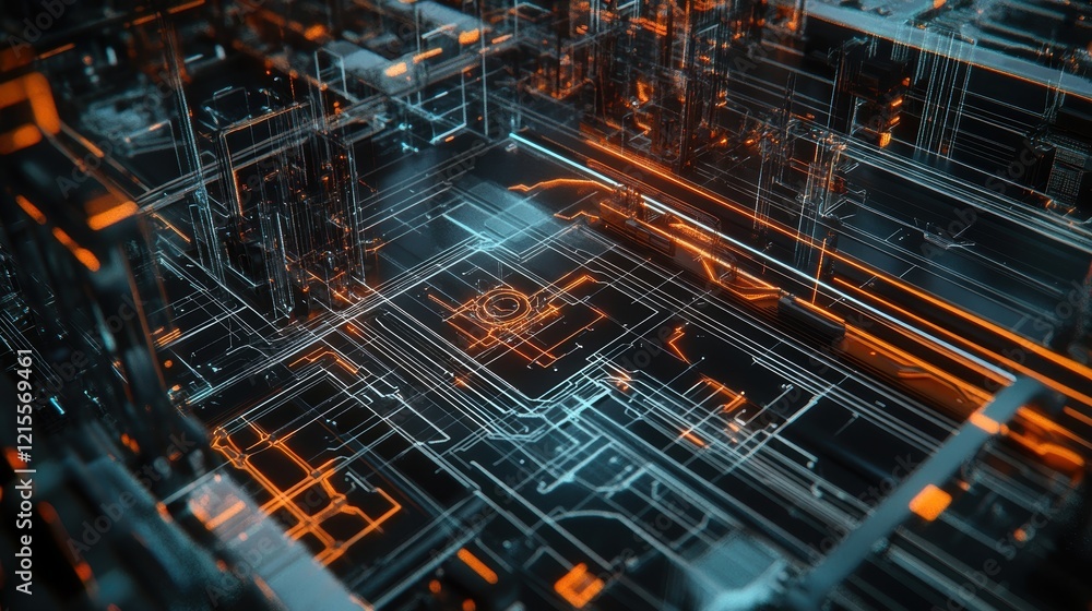 Poster complex network of circuits and connections pulsating with orange and blue energy, symbolizing data 