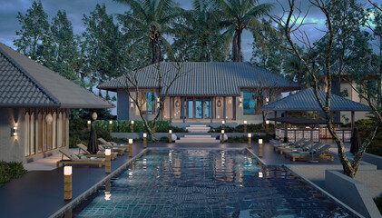 3d render luxury villa house and pool
