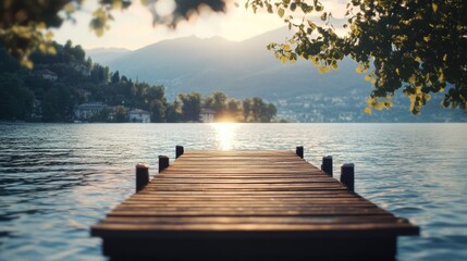 Naklejka premium A tranquil dock stretches into a serene lake at sunset, capturing the essence of peaceful solitude in nature's embrace.