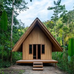 A serene eco-hut in a remote forest, made entirely from natural materials