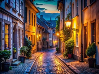 Fototapeta premium Tranquil Night Street Scene: Peaceful Town at Dusk, Serene Evening Ambiance