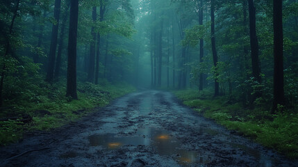 Obraz premium Rainy Forest Path, Dark Green Woods