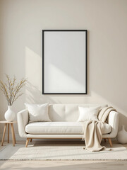 Fototapeta premium Light Beige Wall with Black-Bordered White Frame A minimalist living room with a light beige wall. A poster mockup in ISO A paper size.