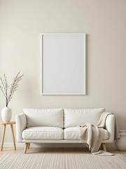 Light Beige Wall with Black-Bordered White Frame A minimalist living room with a light beige wall. A poster mockup in ISO A paper size.