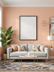 Peach Wall with Black-Bordered White Frame A contemporary living room featuring a peach-colored wall, showcasing a framed poster mockup in a pure white frame with a black border. 