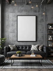 ement Gray Wall with Black-Edged White Frame A sleek industrial-style living room with a cement-textured gray wall. A poster mockup in a pure white frame with a thin black border hangs above a black.