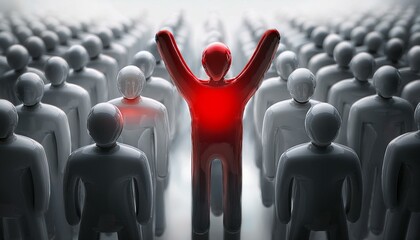 수많은 회색 인간 형상의 군중 속에서 한 사람만 빨간색으로 강조된 모습