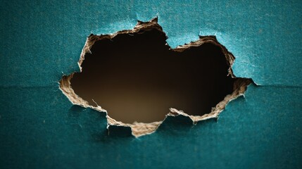 Torn cardboard hole, dark background, studio shot, packaging design