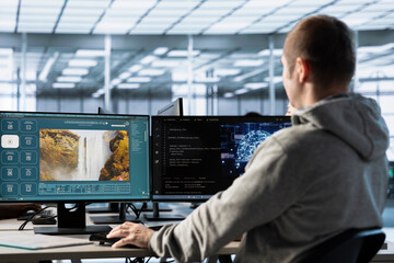 Computer scientist in server farm making generative artificial intelligence website generating...