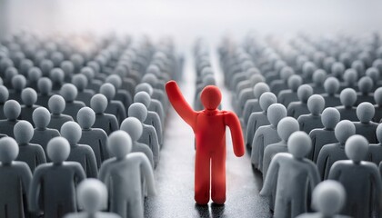 수많은 회색 인간 형상의 군중 속에서 한 사람만 빨간색으로 강조된 모습
