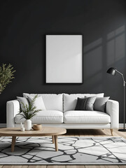 A dramatic living room with a matte black accent wall, showcasing a poster mockup in a pure white frame with a black border. The poster is perfectly centered above a white Scandinavian-style sofa.