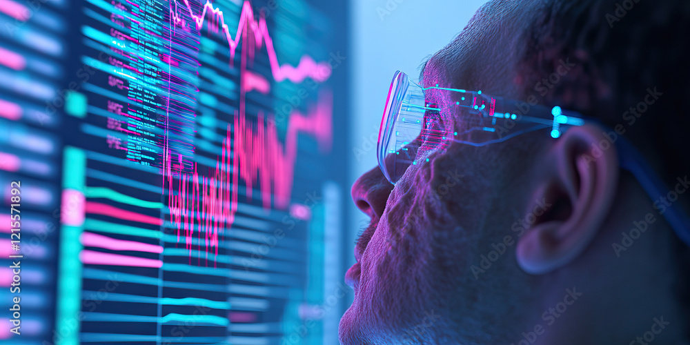 Poster person viewing data graphs and code on screen