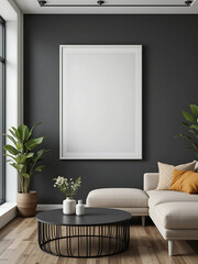 A dramatic living room with a matte black accent wall, showcasing a poster mockup in a pure white frame with a black border. The poster is perfectly centered above a white Scandinavian-style sofa.