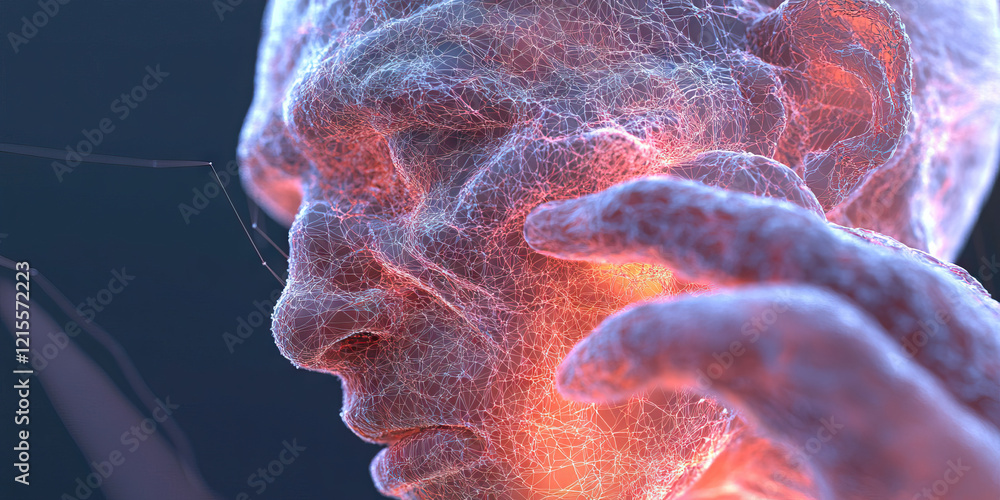 Poster digital rendering of human face and hand in network structure
