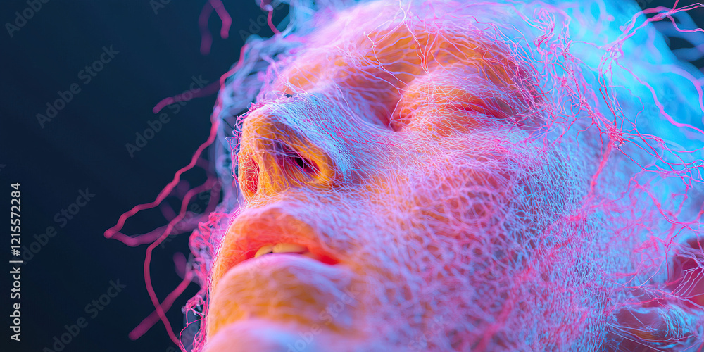 Poster digital rendering of human face with intricate network overlay