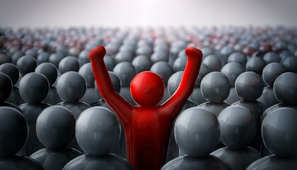 수많은 회색 인간 형상의 군중 속에서 한 사람만 빨간색으로 강조된 모습