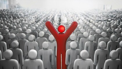 수많은 회색 인간 형상의 군중 속에서 한 사람만 빨간색으로 강조된 모습