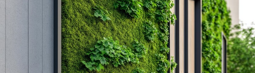 An urban library with a facade of moss and ivy, blending intellect with sustainability