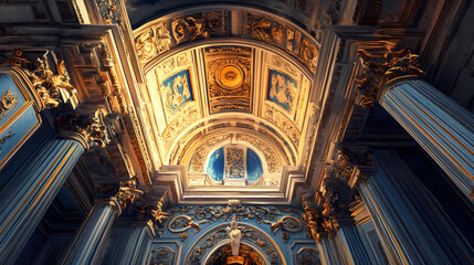 Naklejka premium Ceiling of a roman bath house with intricate carvings and moldings, roman bath house, gilded accents. Gilded Arch. Illustration