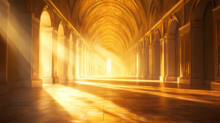 Golden hallway with sunlight streaming through arched windows, creating a dramatic and ethereal atmosphere. Gilded Arch. Illustration