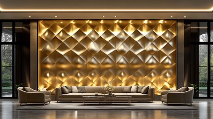 A luxurious living room wall featuring a geometric 3D panel design in metallic gold with soft ambient lighting