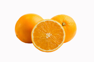 Orange fruits, halves and slices isolated on white background, clipping path, collection. Sweet orange