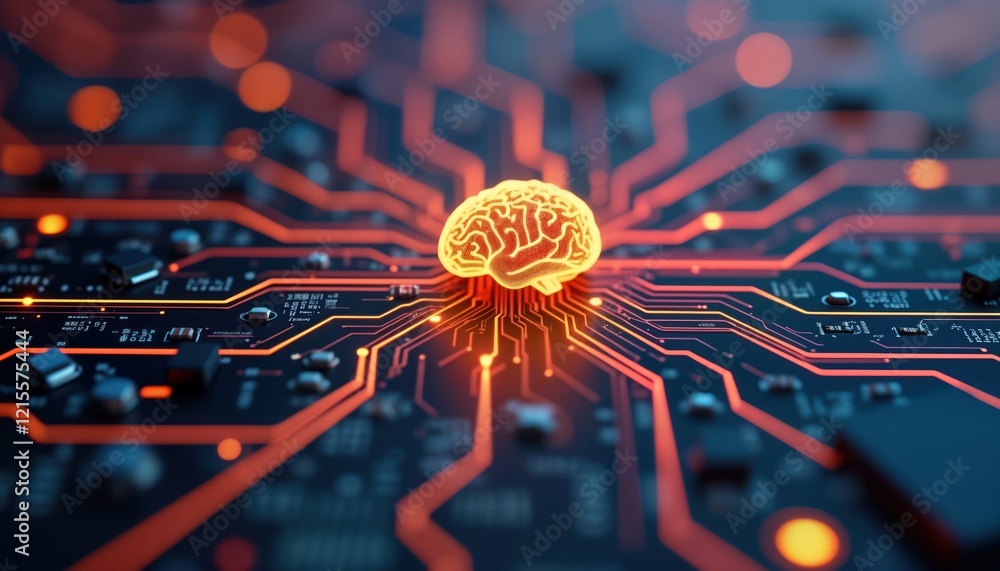 Poster artificial intelligence concept. glowing brain graphic on advanced circuit board. futuristic tech. m