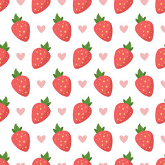 Strawberries and hearts cartoon seamless pattern. Cute sweet summer background with berries.