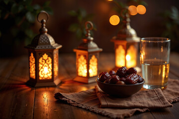 Obraz premium Traditional Ramadan lanterns, dates, and water on a table, symbolizing fasting during the holy month