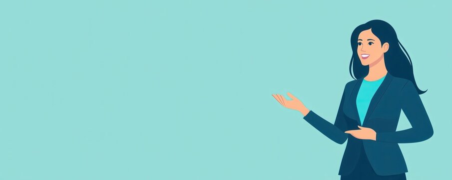 Smiling female character in business attire presenting on light blue background