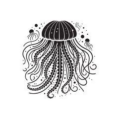 Black Color Jellyfish silhouette design Vector Illustration, Solid White Background (6).eps