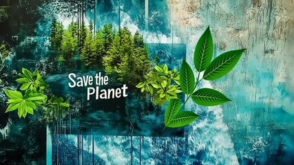 Artistic depiction waterfall merging forest textured background,encouraging eco-awareness.serene and visually striking scene combines high contrasts vibrant greens.Prominent phrase"Save